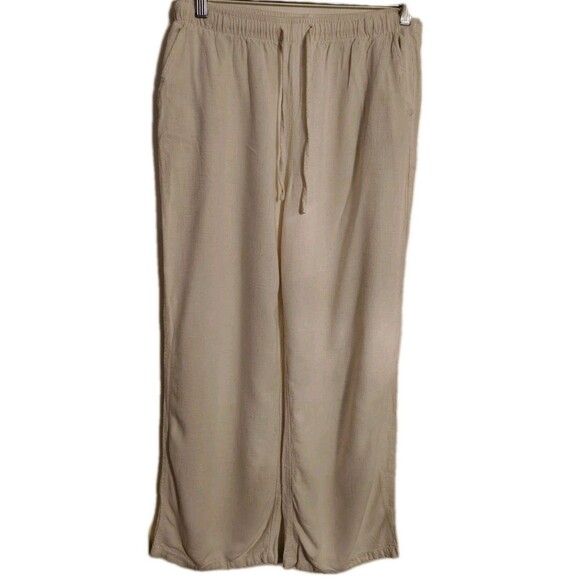 Blenca Linen Blend Wide Leg Trouser Pants L Elastic Waist Drawstring Pockets - Picture 1 of 5